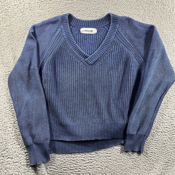 Guide Boat Co Sweaters - Guideboat Co Women's Large Blue Cotton Chunky Knit Sweater V-Neck Cropped Peru